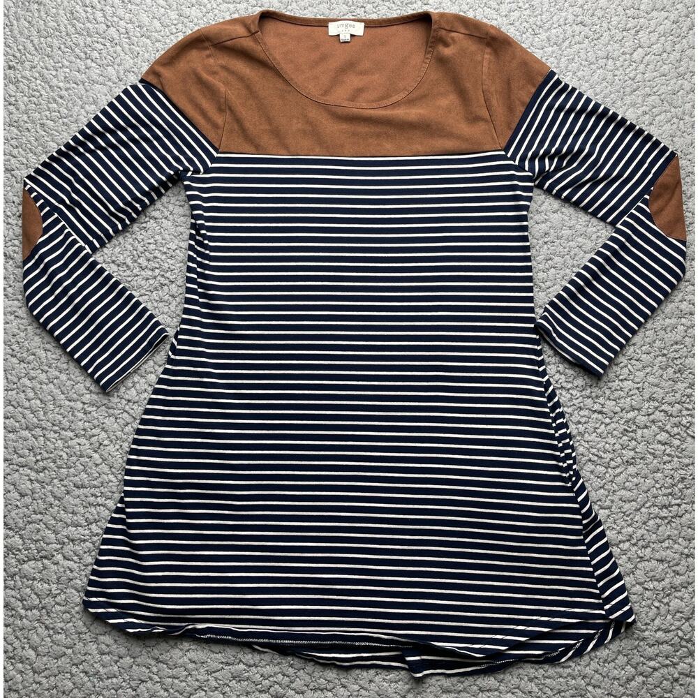 Umgee Dress Womens S Suede Shoulders & Elbow Patch Navy Blue Long Sleeve Pockets